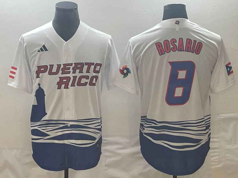 Men 2023 World Cub Puerto Rico 8 Rosario White Nike MLB Jersey2